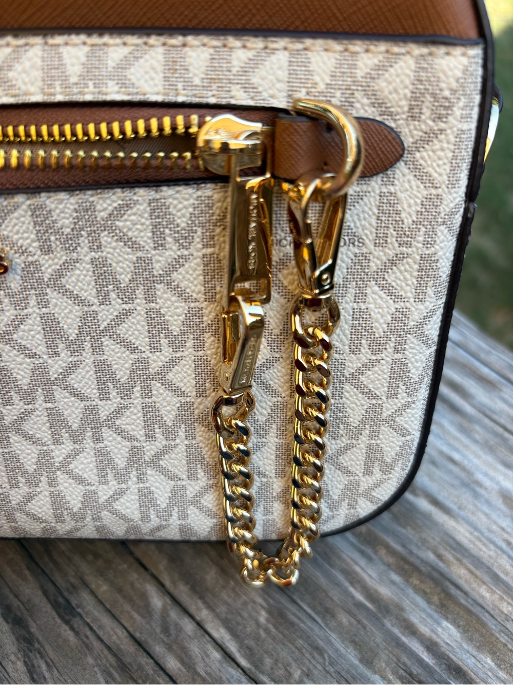 Michael Kors Beige MK Signature Crossbody with Brown Trim & Gold Chain - Picture 10 of 11